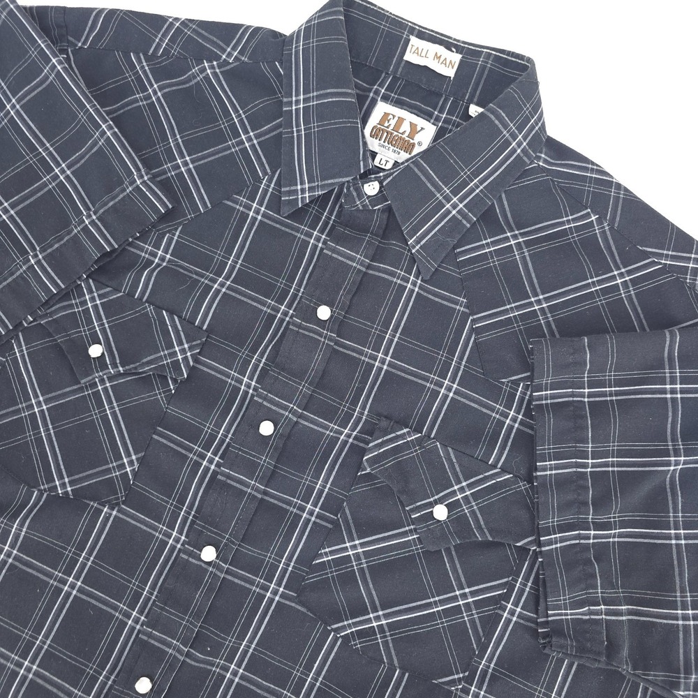 ELY Cattleman Shirt Men's LT Tall Black Plaid‎ Western Rodeo Pearl Snap Cowboy